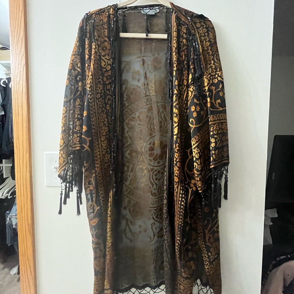 Black and Gold Patterned Kimono with Fringe